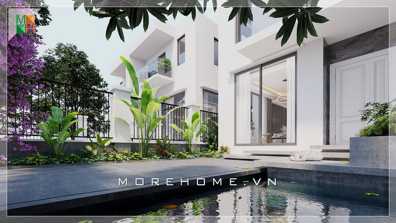 . Kiến trúc ngoại thất biệt thự cao cấp, sang trọng với cây xanh và hồ cá trước cửa nhà được thiết kế với ý tưởng mang lại sự phong thủy, tài lộc và vượng khí cho gia đình.